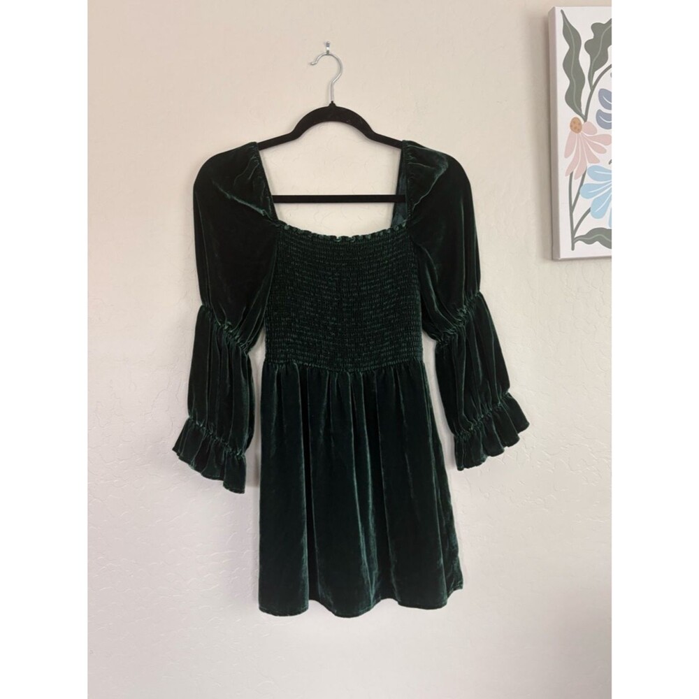 Reformation Albi Velvet Mini Dress Emerald Green Smocked Puff Sleeve Small - Picture 2 of 8